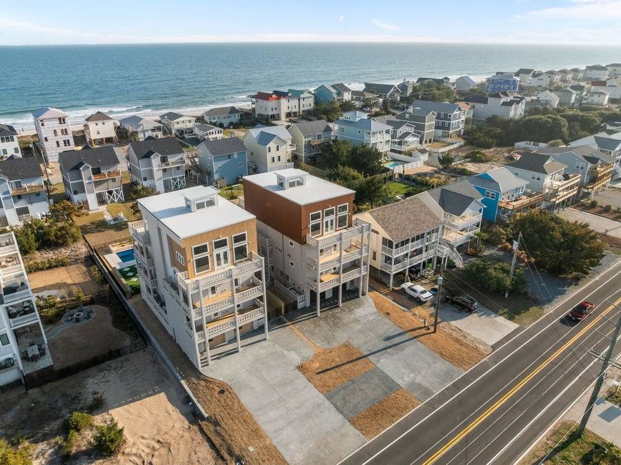 Aerial view of coastal neighborhood near the ocean